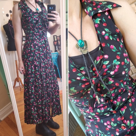 Vintage Dresses & Skirts - VTG Bobbie Bee Cherry Tie Maxi Dress